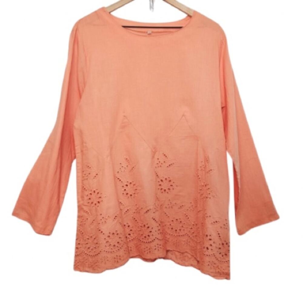 Light Pink Orange Floral Eyelet Lace Long Sleeves Tunic Top Shirt Blouse XXL